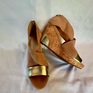 Cole Haan Gold and Tan Wedge Sandals